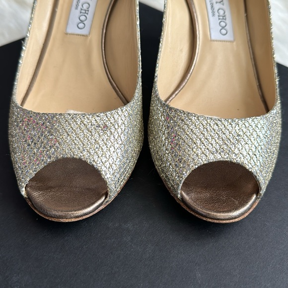Jimmy Choo Gold Glitter Leather “Isabel” Peep Toe Heels Size 38 1/2 - Picture 9 of 13